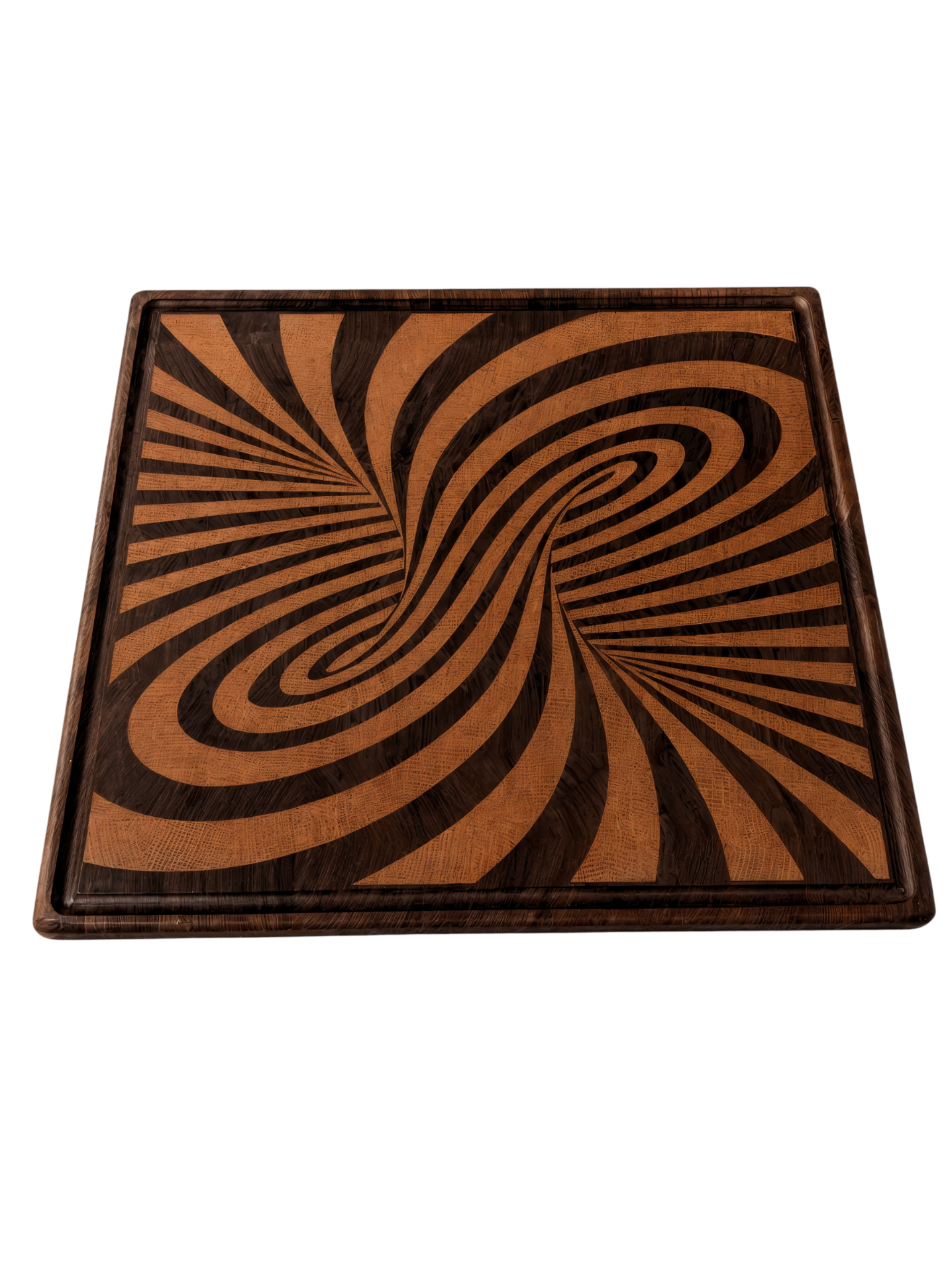 End-grain cutting board with a hand-fitted swirling walnut and oak inlay